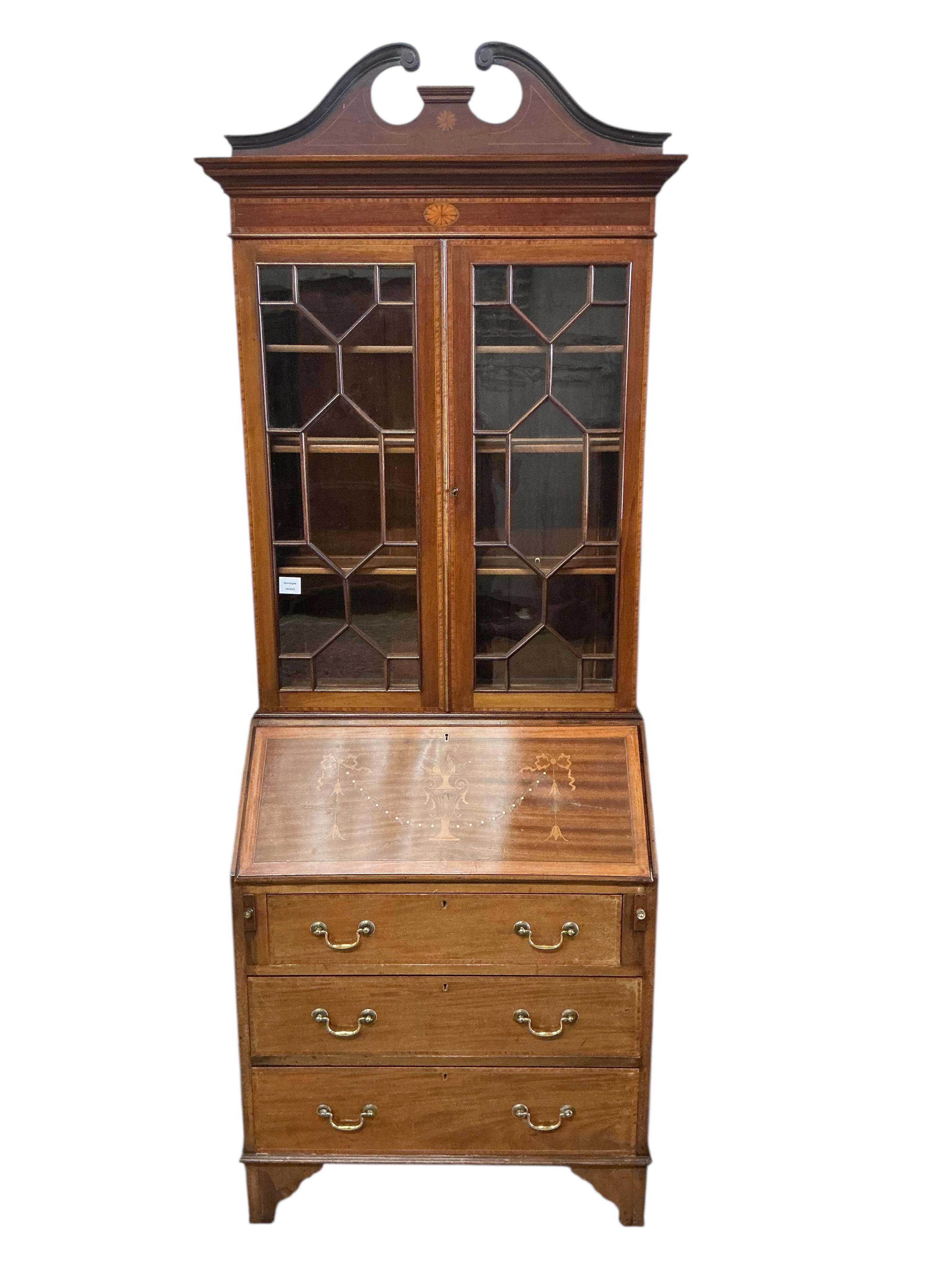 An Edwardian inlaid mahogany bureau bookcase, width 77cm, depth 43cm, height 196cm
